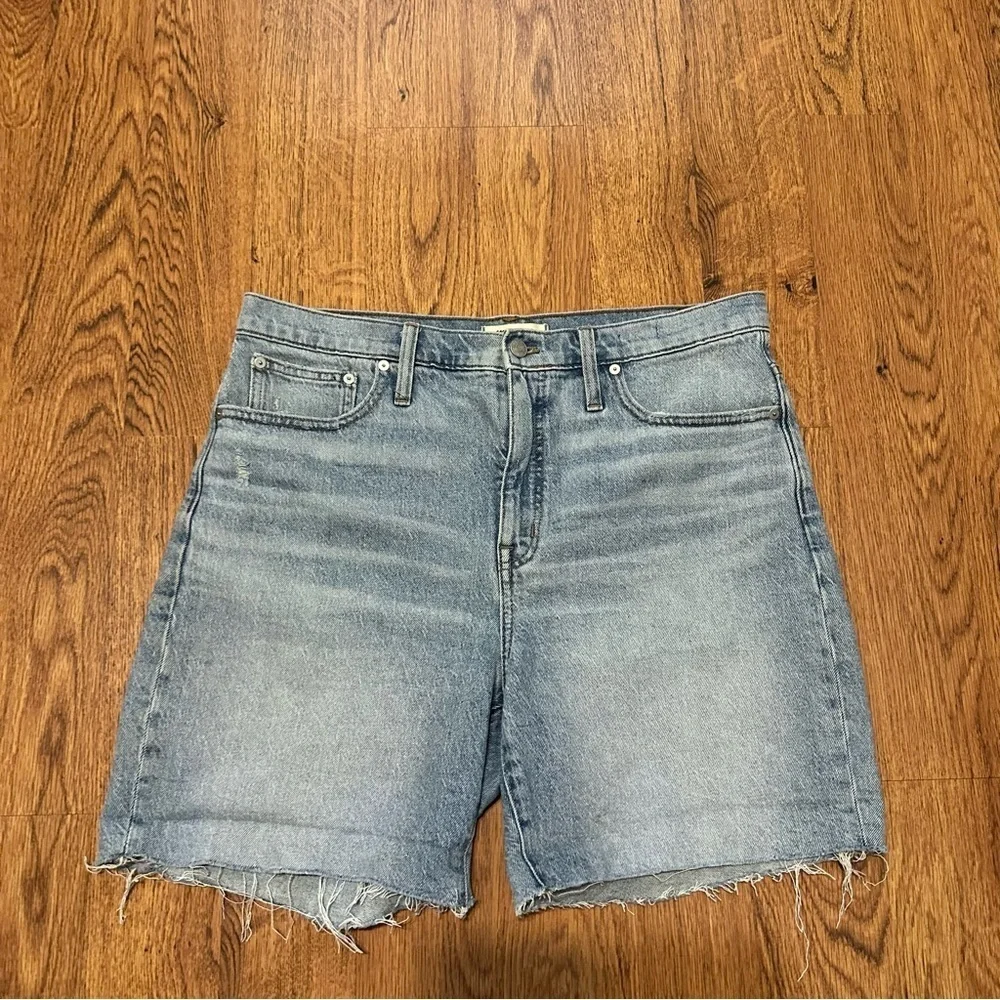 Madewell Blue Denim Jean HIGH Rise Mid Lenght Shorts Cotton Blend Raw Hem